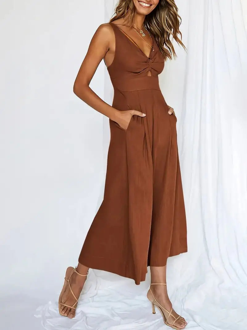 Eviloz™ - V-Neck Cutout High-Waist Jumpsuits