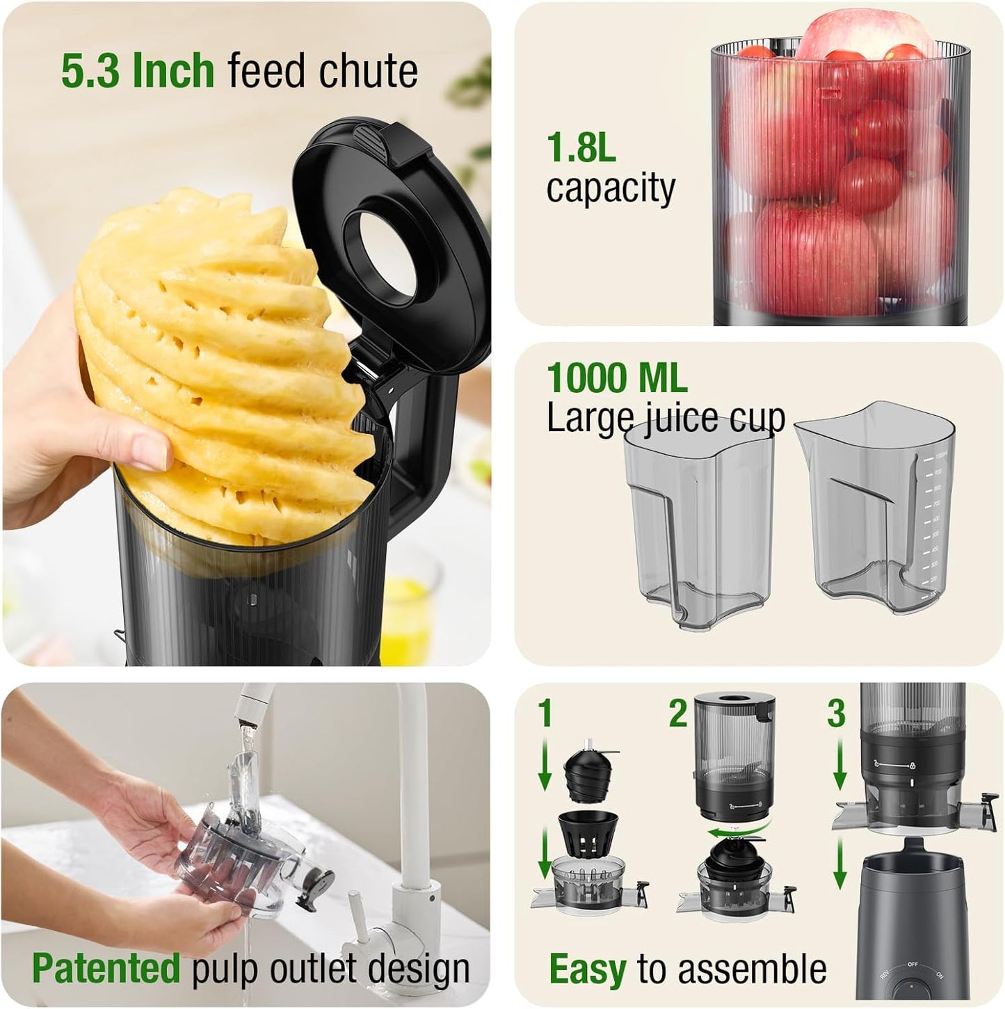 Caedrea Cold Press Juicer Machine – 5.3" Wide Feed Chute, High Juice Yield, Easy to Clean, BPA-Free