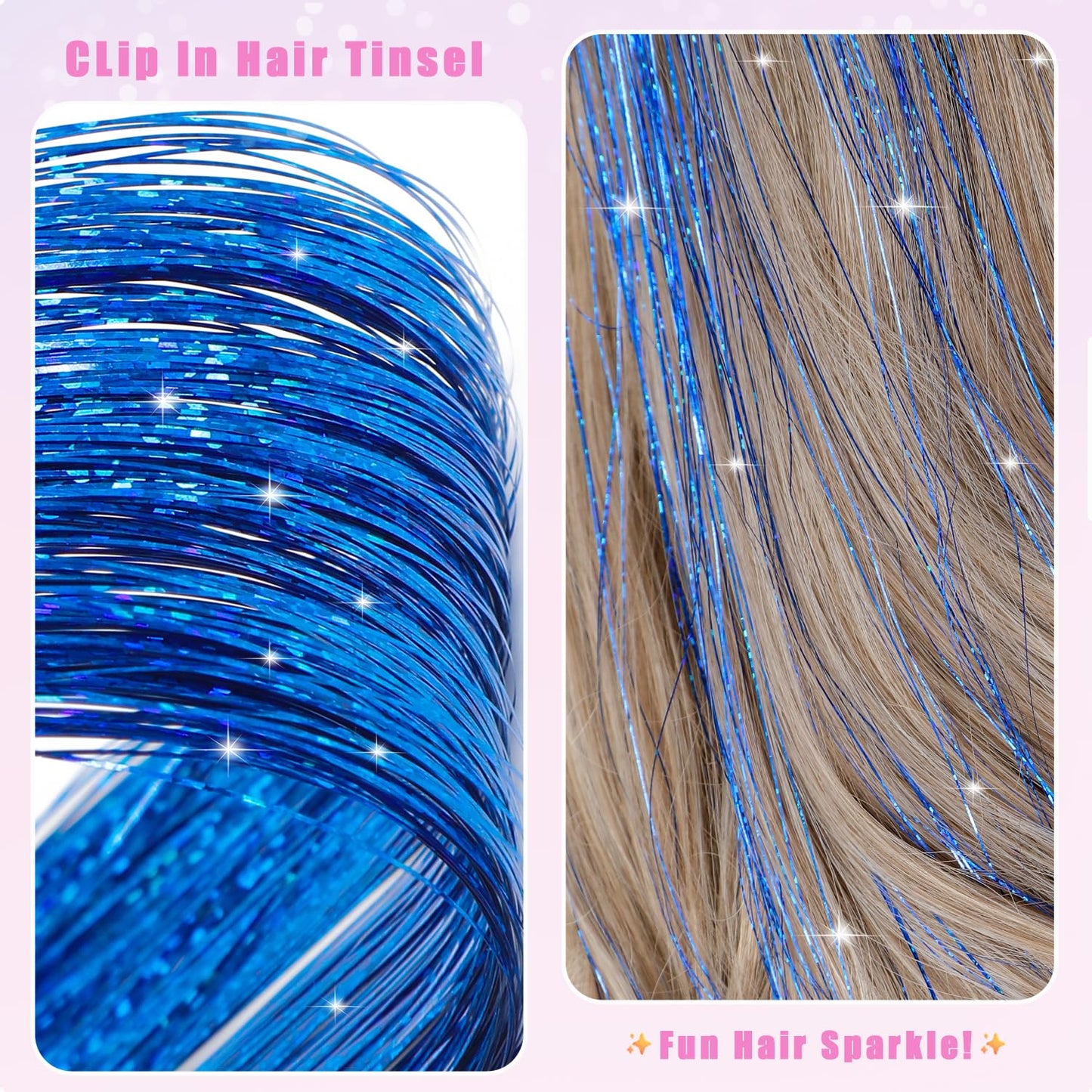 Caedrea Hair Tinsel Clip-In Extensions – 18 Pcs 20.5" Glitter Fairy Hair, Shiny Sparkling Party Highlights, Rainbow Glitter Strands for Girls & Women