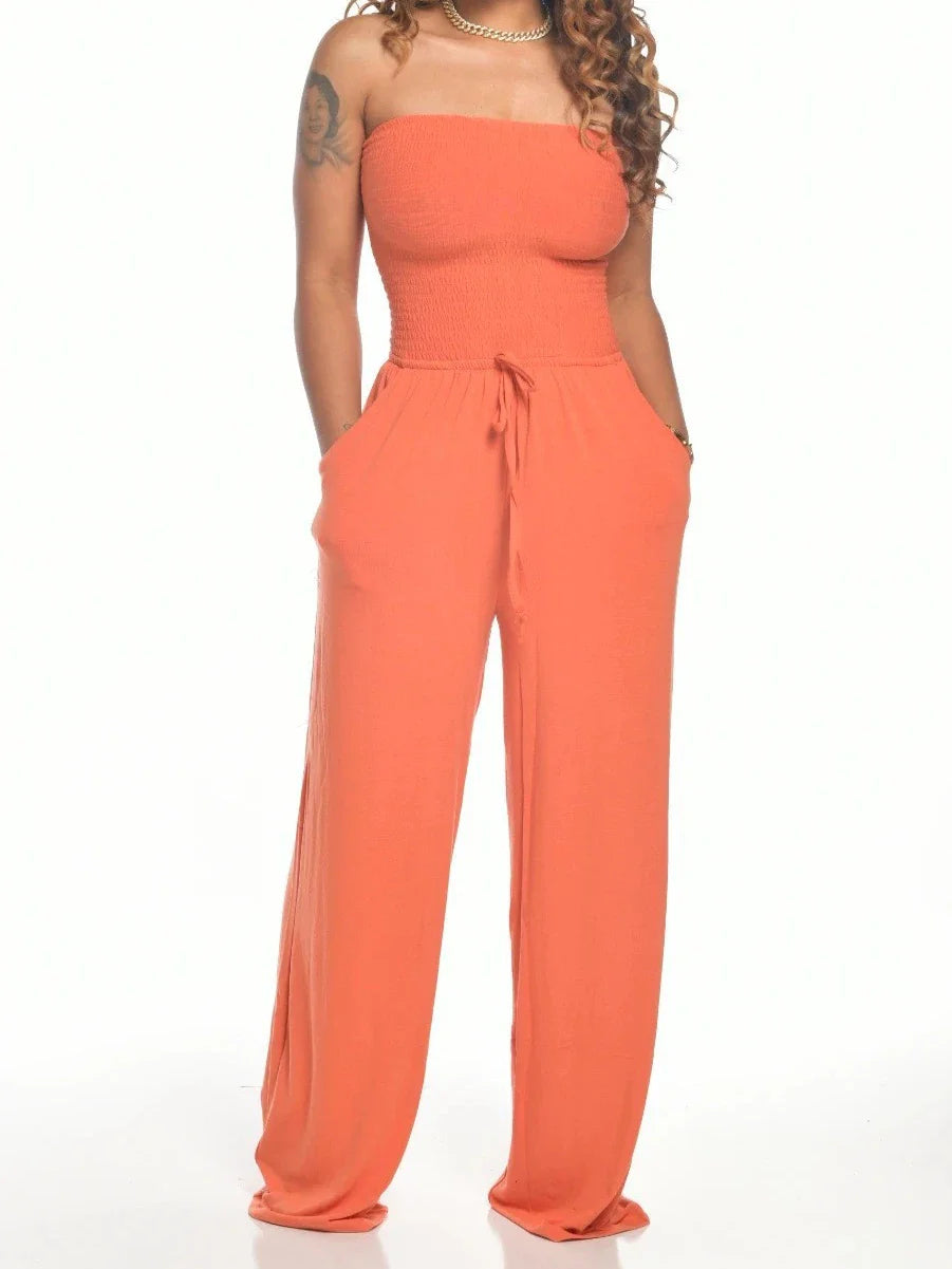 Lutum™ - Off Shoulder Solid Color Smocked Jumpsuit