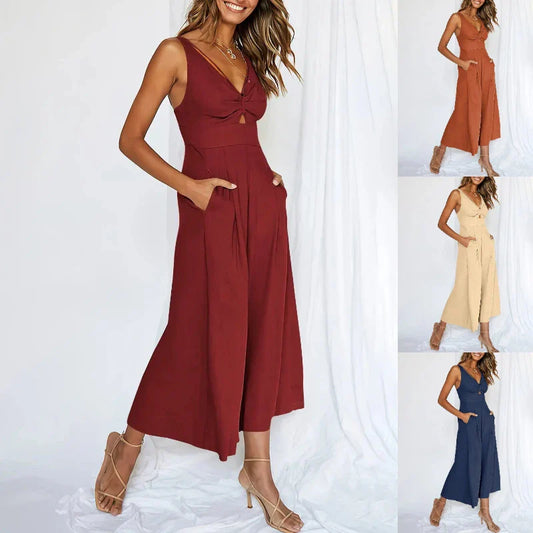 Eviloz™ - V-Neck Cutout High-Waist Jumpsuits