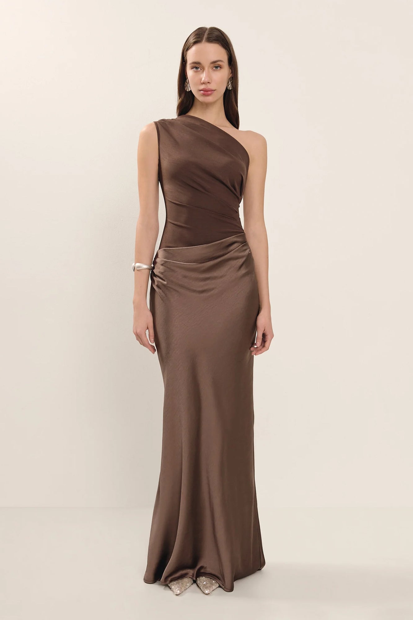 Kaia Satin Contrast Fabric Patchwork One Shoulder Ruched Maxi Dress