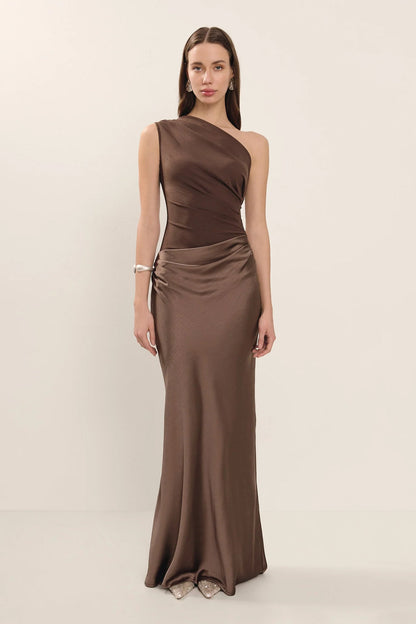 Kaia Satin Contrast Fabric Patchwork One Shoulder Ruched Maxi Dress