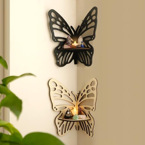 Artilady Crystal Shelf Display - 2 Pcs Lotus Buddha Floating Shelves for Wall Corner Floating Shelves for Crystals and Stone Display Bedroom Home Decor Aesthetic Witchy Gift for Women