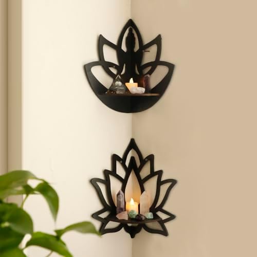 Artilady Crystal Shelf Display - 2 Pcs Lotus Buddha Floating Shelves for Wall Corner Floating Shelves for Crystals and Stone Display Bedroom Home Decor Aesthetic Witchy Gift for Women