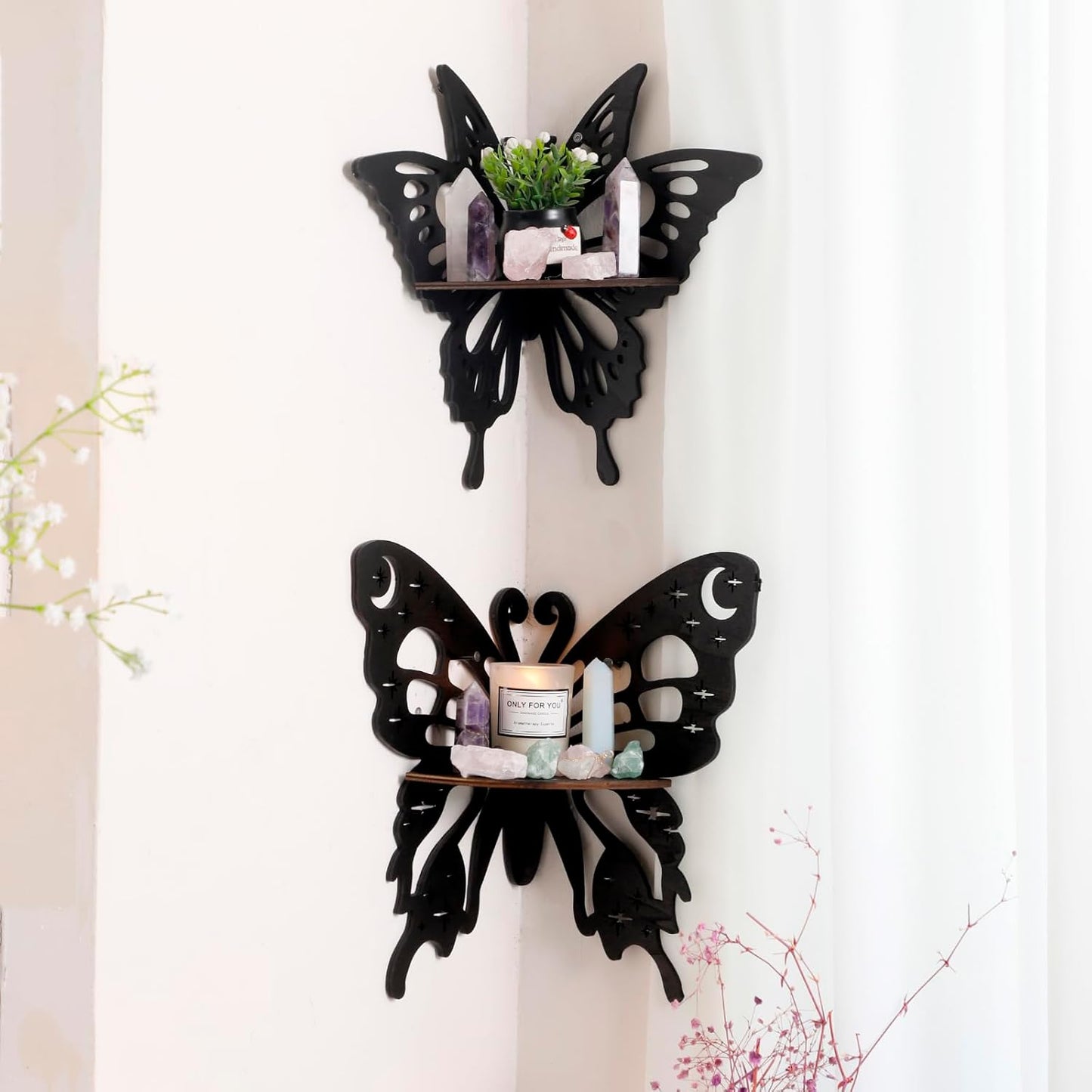 Artilady Crystal Shelf Display - 2 Pcs Lotus Buddha Floating Shelves for Wall Corner Floating Shelves for Crystals and Stone Display Bedroom Home Decor Aesthetic Witchy Gift for Women