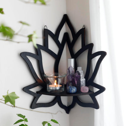 Artilady Crystal Shelf Display - 2 Pcs Lotus Buddha Floating Shelves for Wall Corner Floating Shelves for Crystals and Stone Display Bedroom Home Decor Aesthetic Witchy Gift for Women