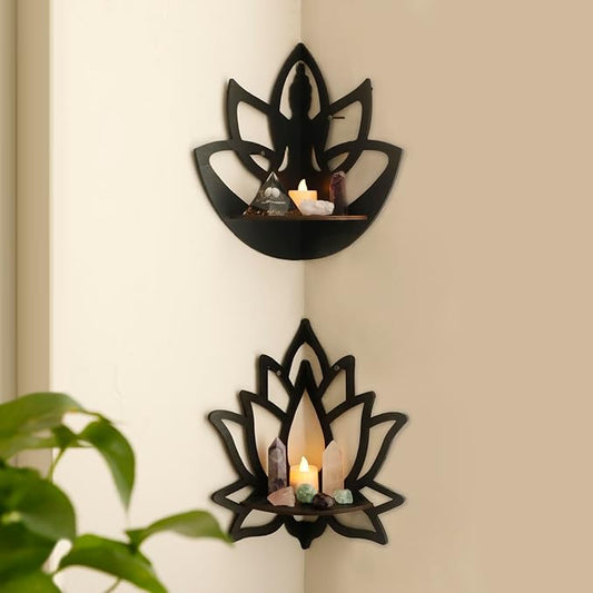 Artilady Crystal Shelf Display - 2 Pcs Lotus Buddha Floating Shelves for Wall Corner Floating Shelves for Crystals and Stone Display Bedroom Home Decor Aesthetic Witchy Gift for Women