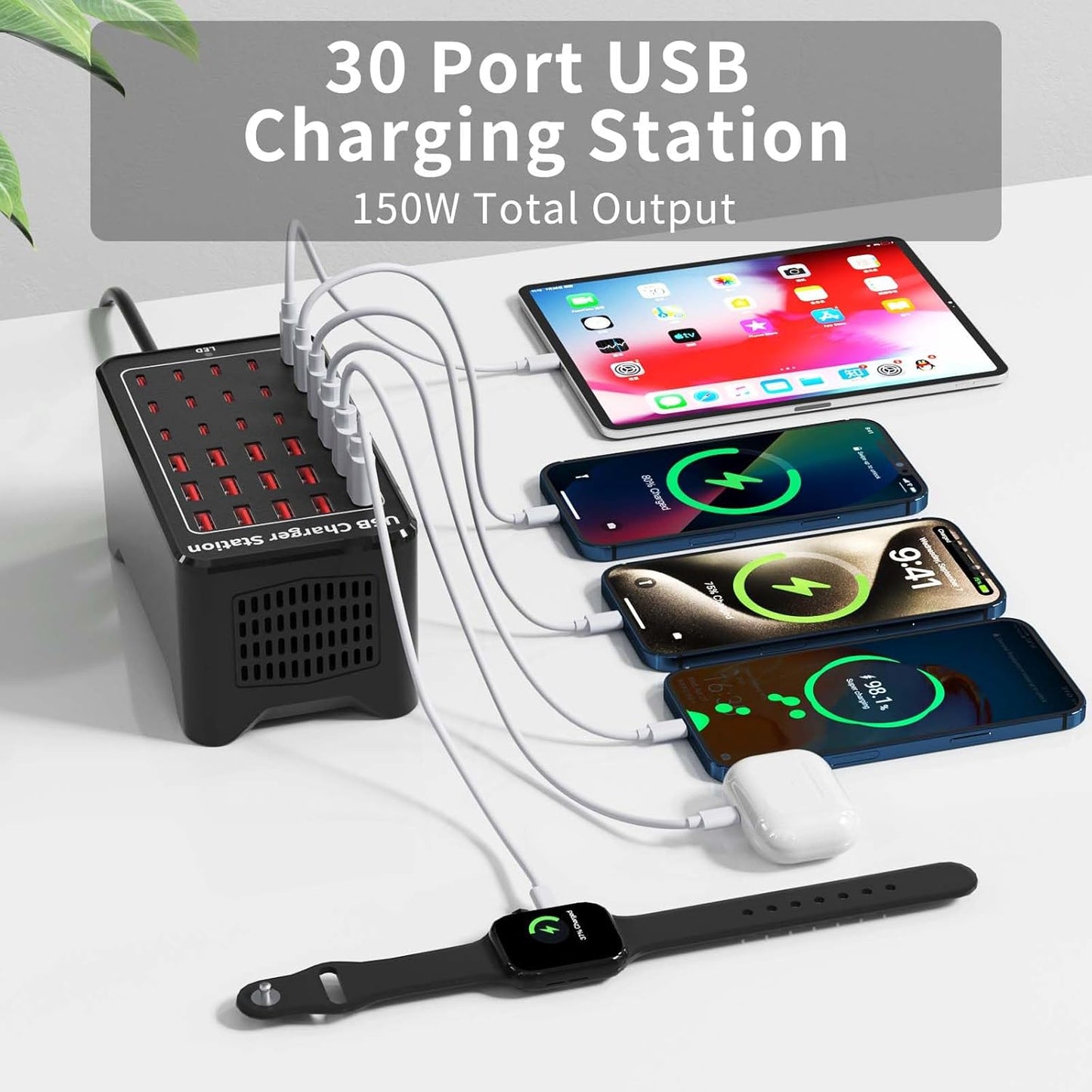 Caedrea 150W 30-Port USB Charging Station – Multi-Device Fast Charger Block with USB & Type-C Ports, Smart Protection, Desktop & Wall Compatible