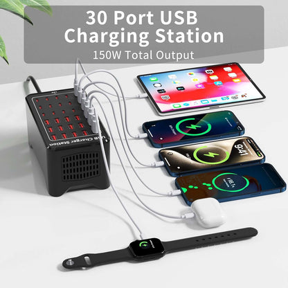 Caedrea 150W 30-Port USB Charging Station – Multi-Device Fast Charger Block with USB & Type-C Ports, Smart Protection, Desktop & Wall Compatible