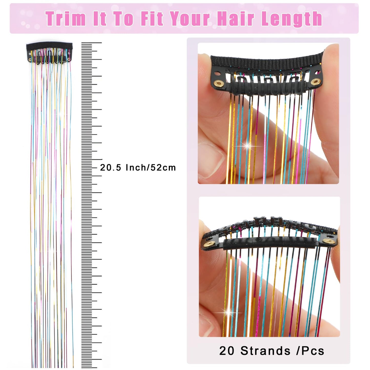Caedrea Hair Tinsel Clip-In Extensions – 18 Pcs 20.5" Glitter Fairy Hair, Shiny Sparkling Party Highlights, Rainbow Glitter Strands for Girls & Women