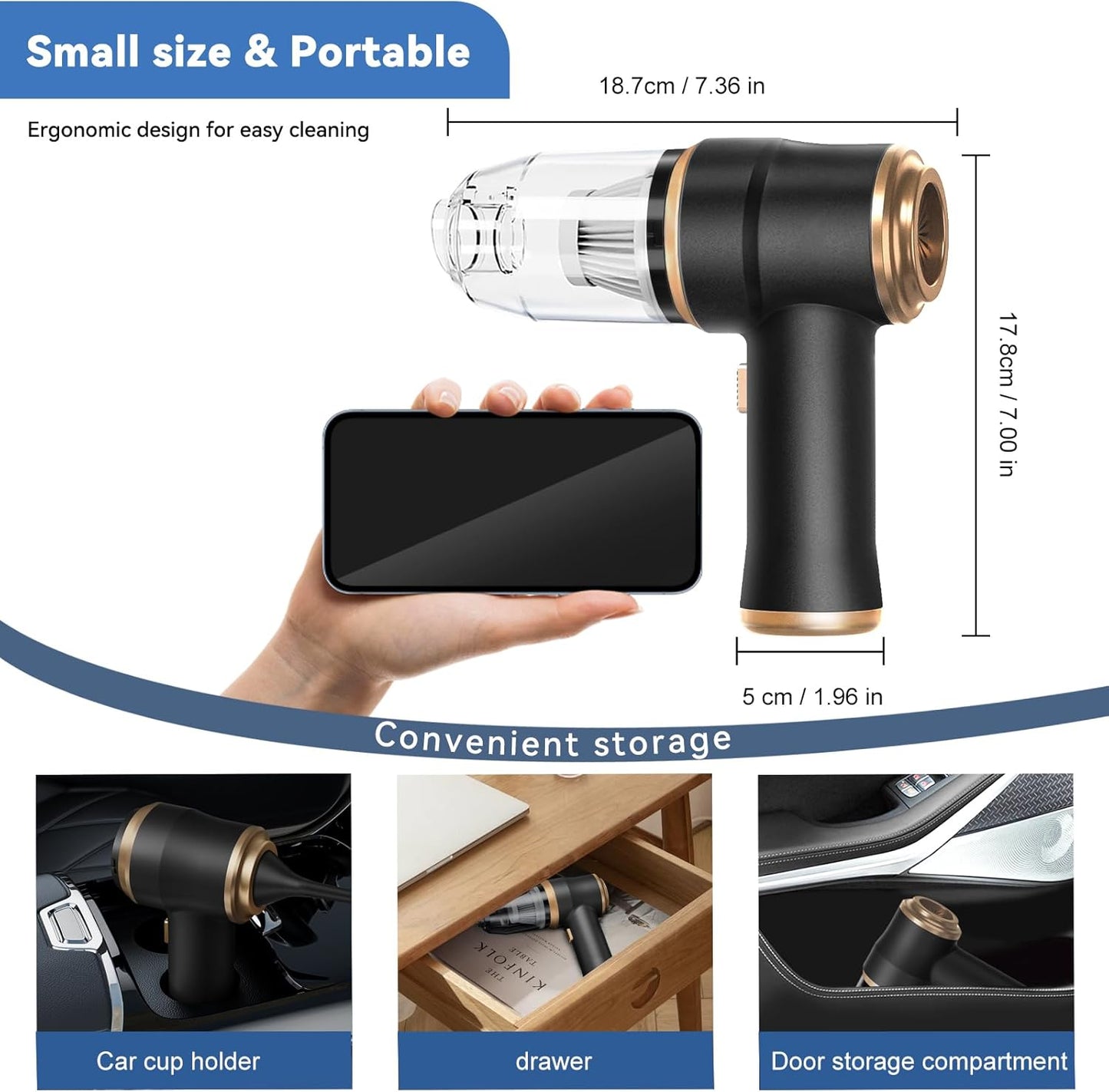 Caedrea 2-in-1 Mini Car Vacuum Cleaner & Air Duster – Portable Cordless Handheld Cleaner with Multi Nozzles, Powerful Suction for Car, Home & Office