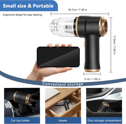 Caedrea 2-in-1 Mini Car Vacuum Cleaner & Air Duster – Portable Cordless Handheld Cleaner with Multi Nozzles, Powerful Suction for Car, Home & Office