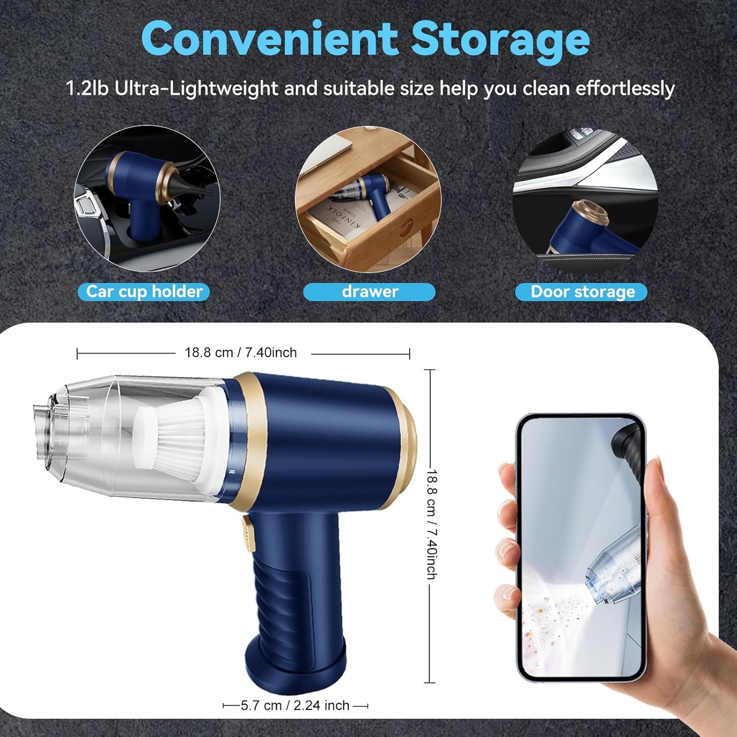 Caedrea 2-in-1 Mini Car Vacuum Cleaner & Air Duster – Portable Cordless Handheld Cleaner with Multi Nozzles, Powerful Suction for Car, Home & Office