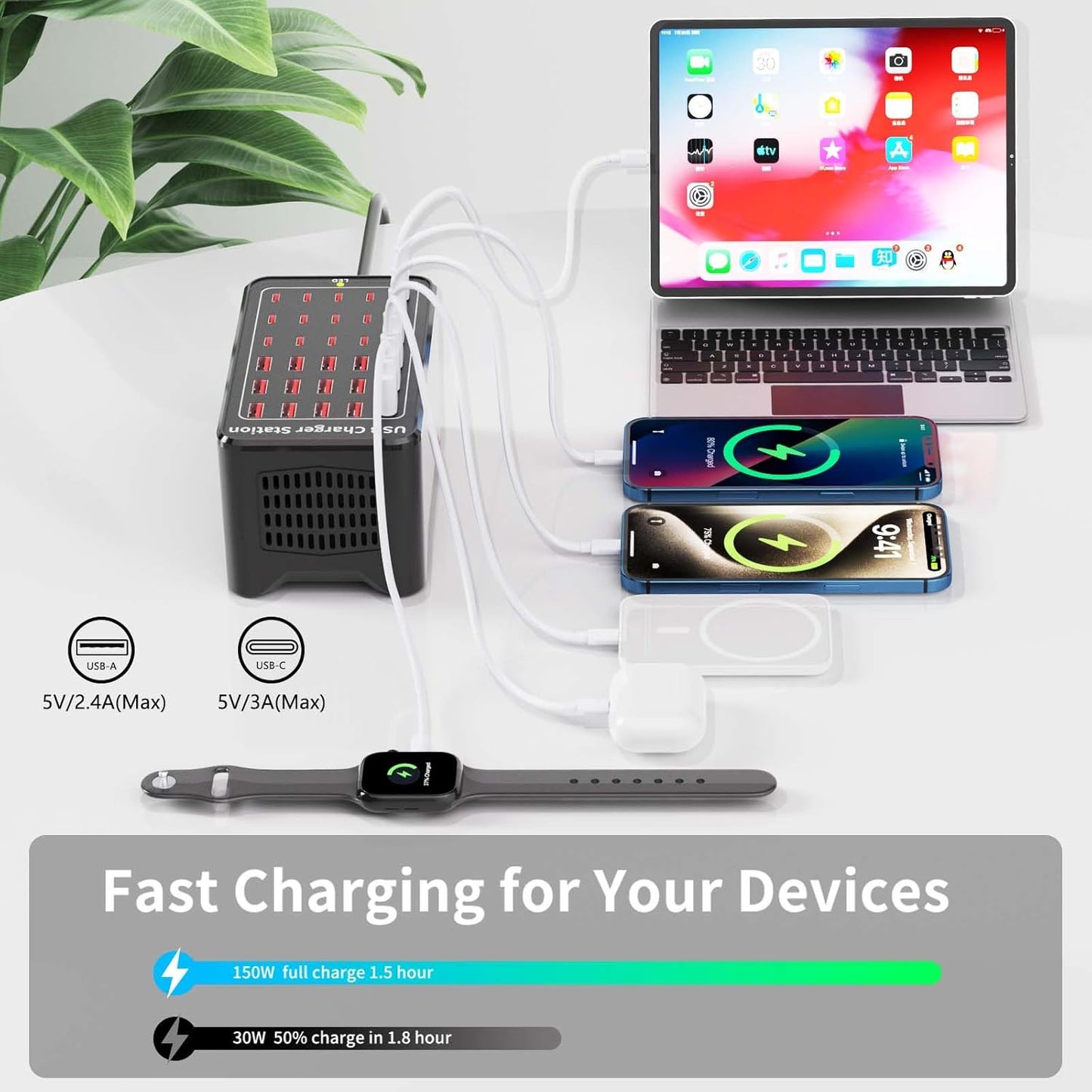Caedrea 150W 30-Port USB Charging Station – Multi-Device Fast Charger Block with USB & Type-C Ports, Smart Protection, Desktop & Wall Compatible