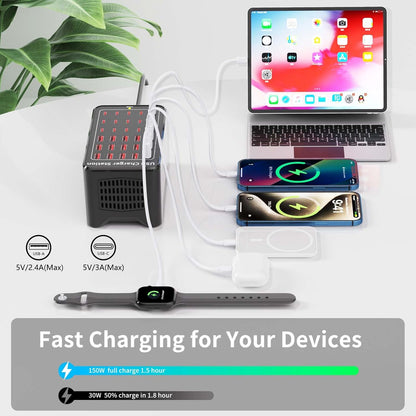 Caedrea 150W 30-Port USB Charging Station – Multi-Device Fast Charger Block with USB & Type-C Ports, Smart Protection, Desktop & Wall Compatible