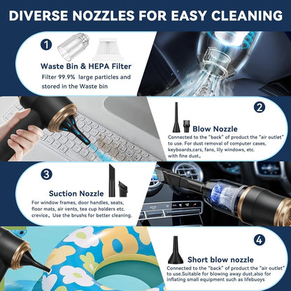 Caedrea 2-in-1 Mini Car Vacuum Cleaner & Air Duster – Portable Cordless Handheld Cleaner with Multi Nozzles, Powerful Suction for Car, Home & Office
