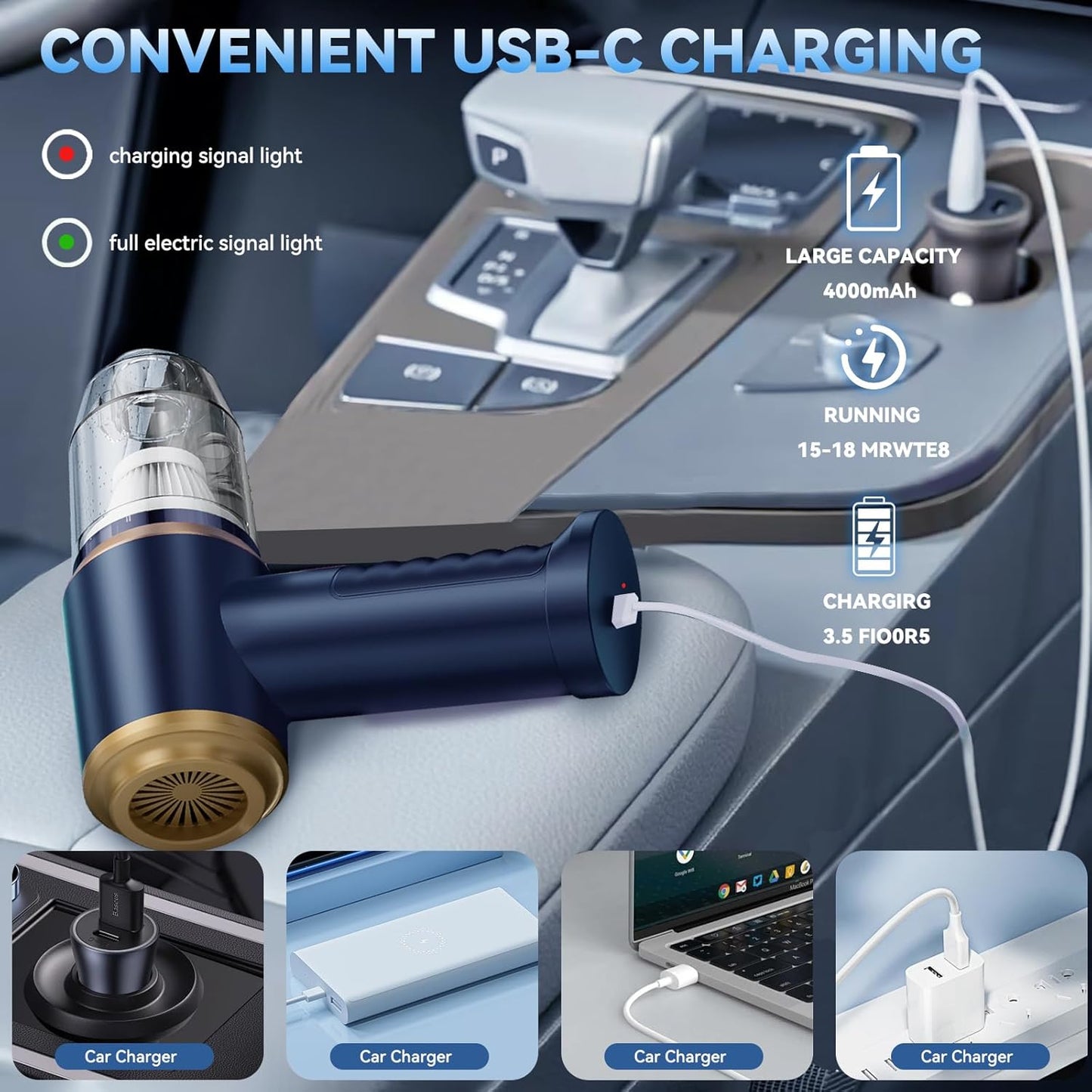 Caedrea 2-in-1 Mini Car Vacuum Cleaner & Air Duster – Portable Cordless Handheld Cleaner with Multi Nozzles, Powerful Suction for Car, Home & Office