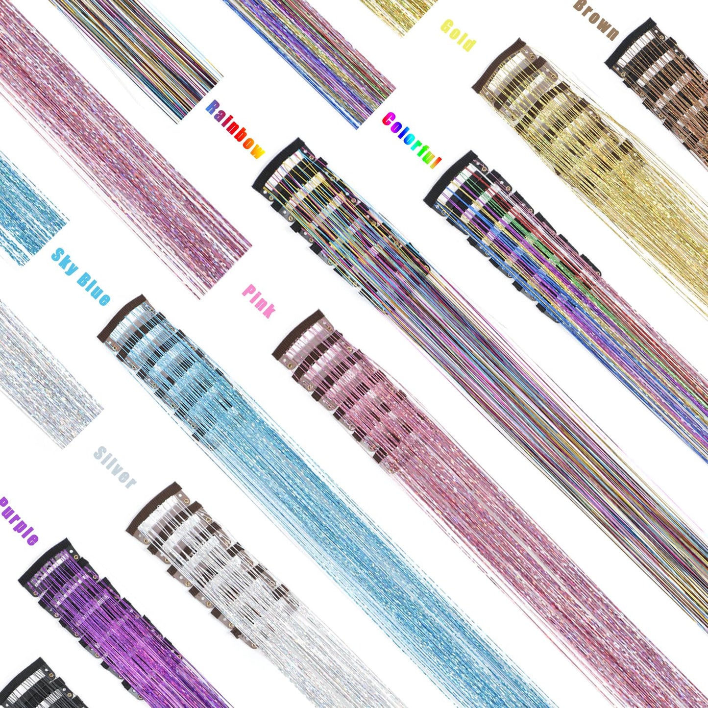 Caedrea Hair Tinsel Clip-In Extensions – 18 Pcs 20.5" Glitter Fairy Hair, Shiny Sparkling Party Highlights, Rainbow Glitter Strands for Girls & Women