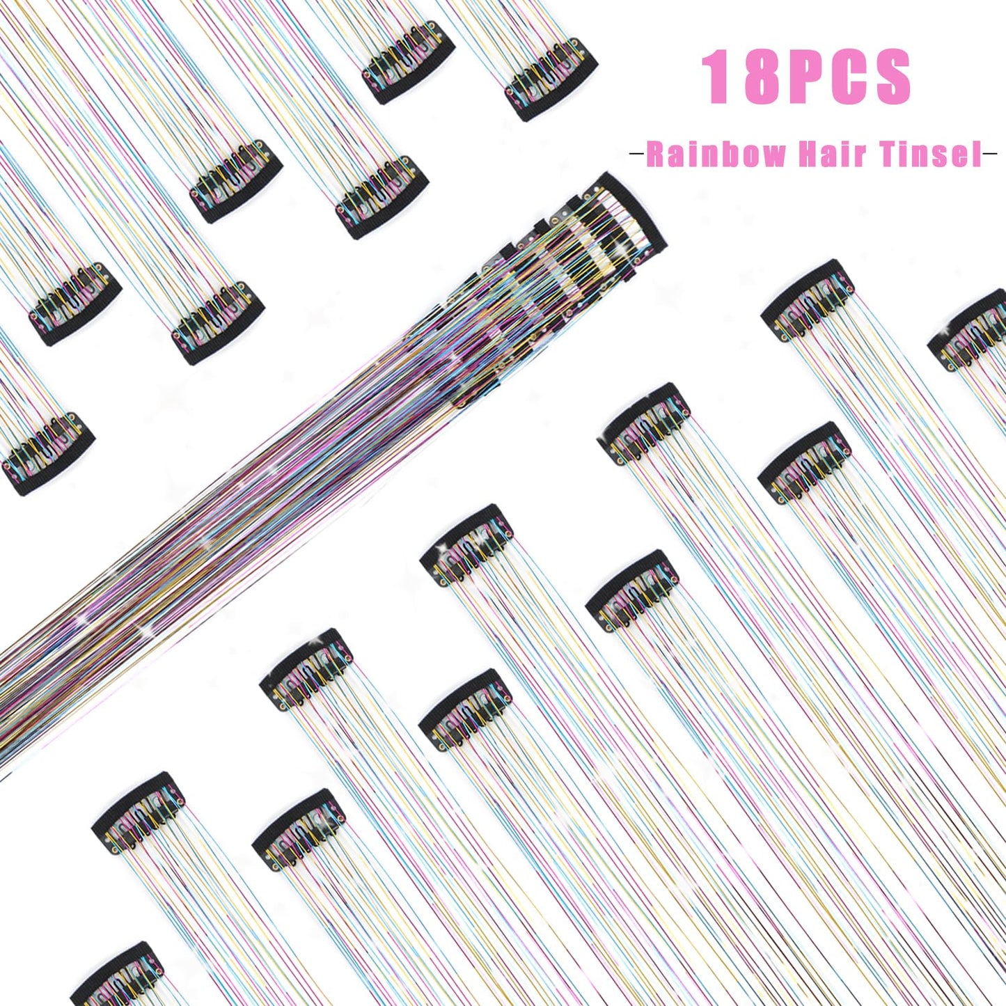 Caedrea Hair Tinsel Clip-In Extensions – 18 Pcs 20.5" Glitter Fairy Hair, Shiny Sparkling Party Highlights, Rainbow Glitter Strands for Girls & Women