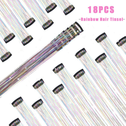 Caedrea Hair Tinsel Clip-In Extensions – 18 Pcs 20.5" Glitter Fairy Hair, Shiny Sparkling Party Highlights, Rainbow Glitter Strands for Girls & Women
