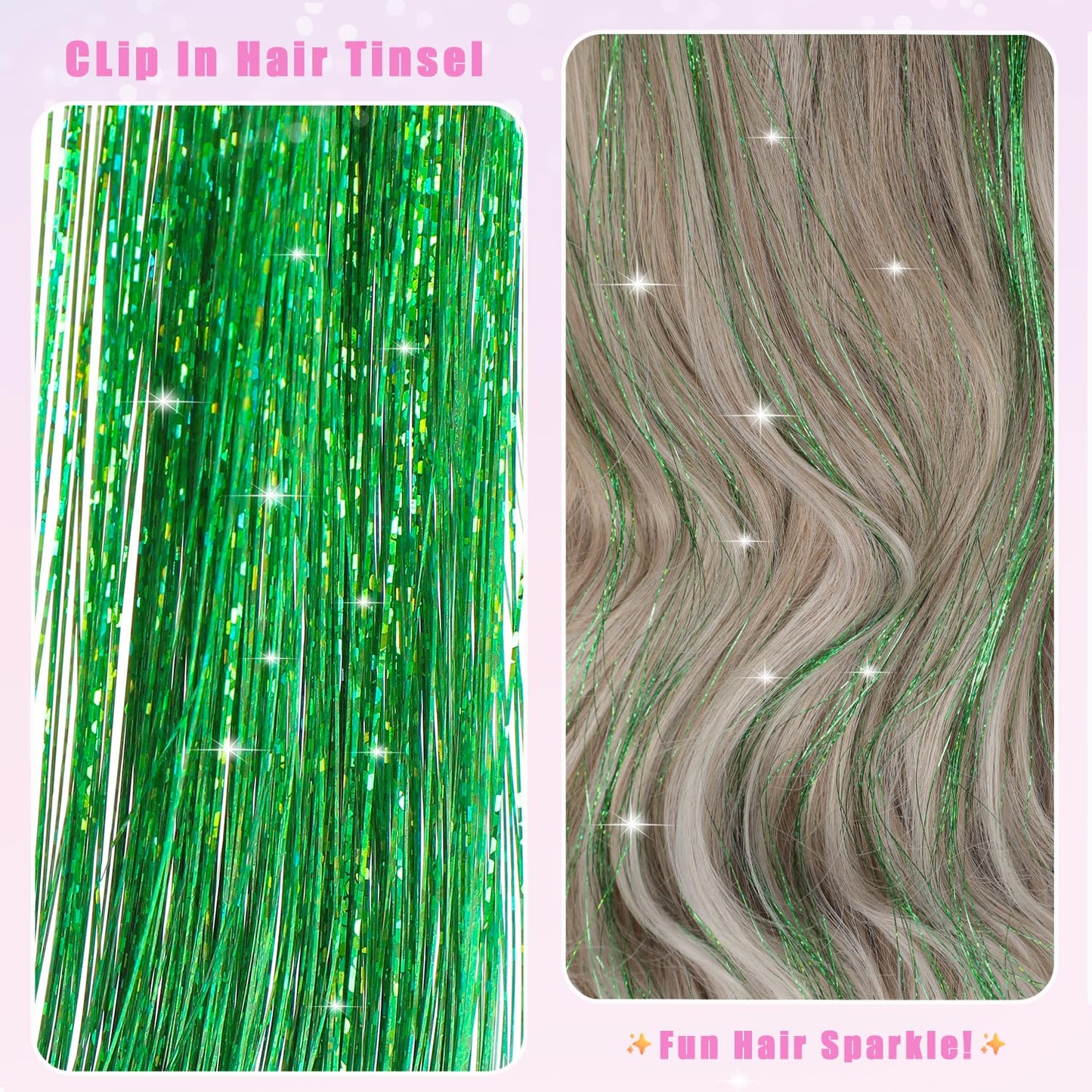 Caedrea Hair Tinsel Clip-In Extensions – 18 Pcs 20.5" Glitter Fairy Hair, Shiny Sparkling Party Highlights, Rainbow Glitter Strands for Girls & Women