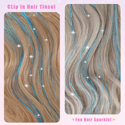Caedrea Hair Tinsel Clip-In Extensions – 18 Pcs 20.5" Glitter Fairy Hair, Shiny Sparkling Party Highlights, Rainbow Glitter Strands for Girls & Women