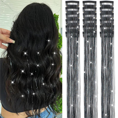 Caedrea Hair Tinsel Clip-In Extensions – 18 Pcs 20.5" Glitter Fairy Hair, Shiny Sparkling Party Highlights, Rainbow Glitter Strands for Girls & Women