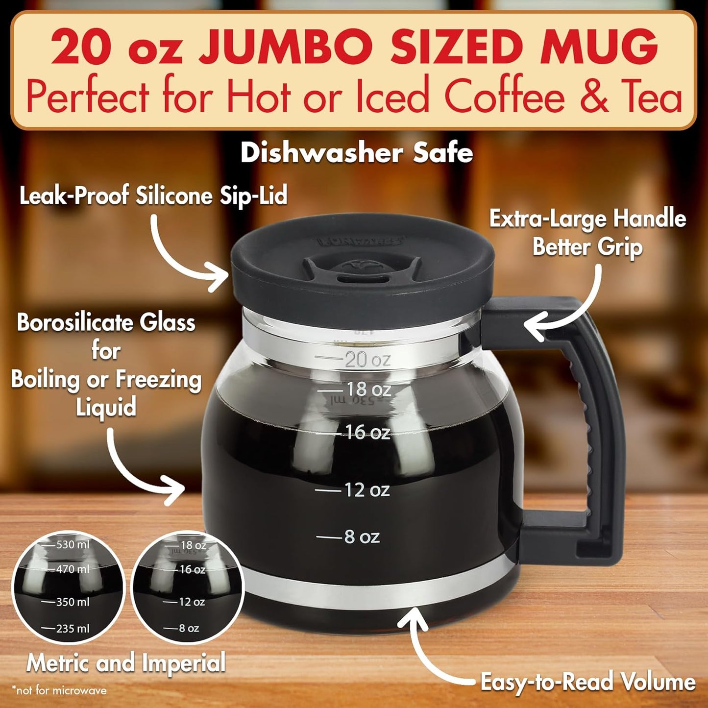 Caedrea Diner-Style 20 oz Borosilicate Glass Coffee Pot Mug – Spill-Proof Silicone Lid, Retro Gag Gift for Coffee Lovers