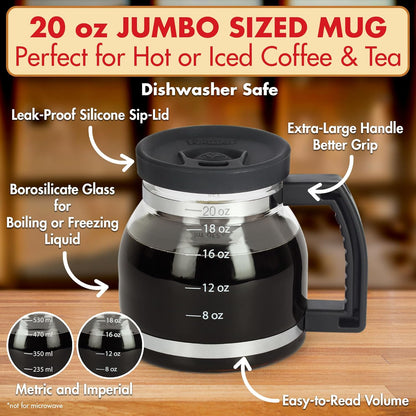 Caedrea Diner-Style 20 oz Borosilicate Glass Coffee Pot Mug – Spill-Proof Silicone Lid, Retro Gag Gift for Coffee Lovers
