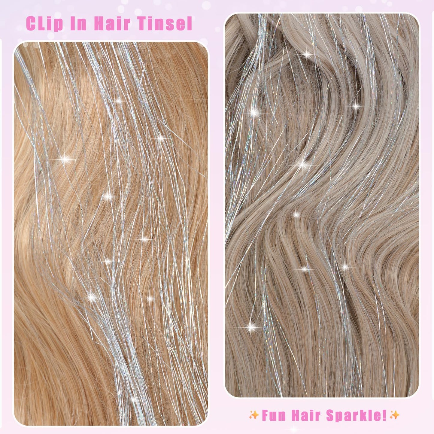 Caedrea Hair Tinsel Clip-In Extensions – 18 Pcs 20.5" Glitter Fairy Hair, Shiny Sparkling Party Highlights, Rainbow Glitter Strands for Girls & Women
