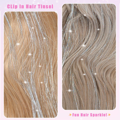 Caedrea Hair Tinsel Clip-In Extensions – 18 Pcs 20.5" Glitter Fairy Hair, Shiny Sparkling Party Highlights, Rainbow Glitter Strands for Girls & Women