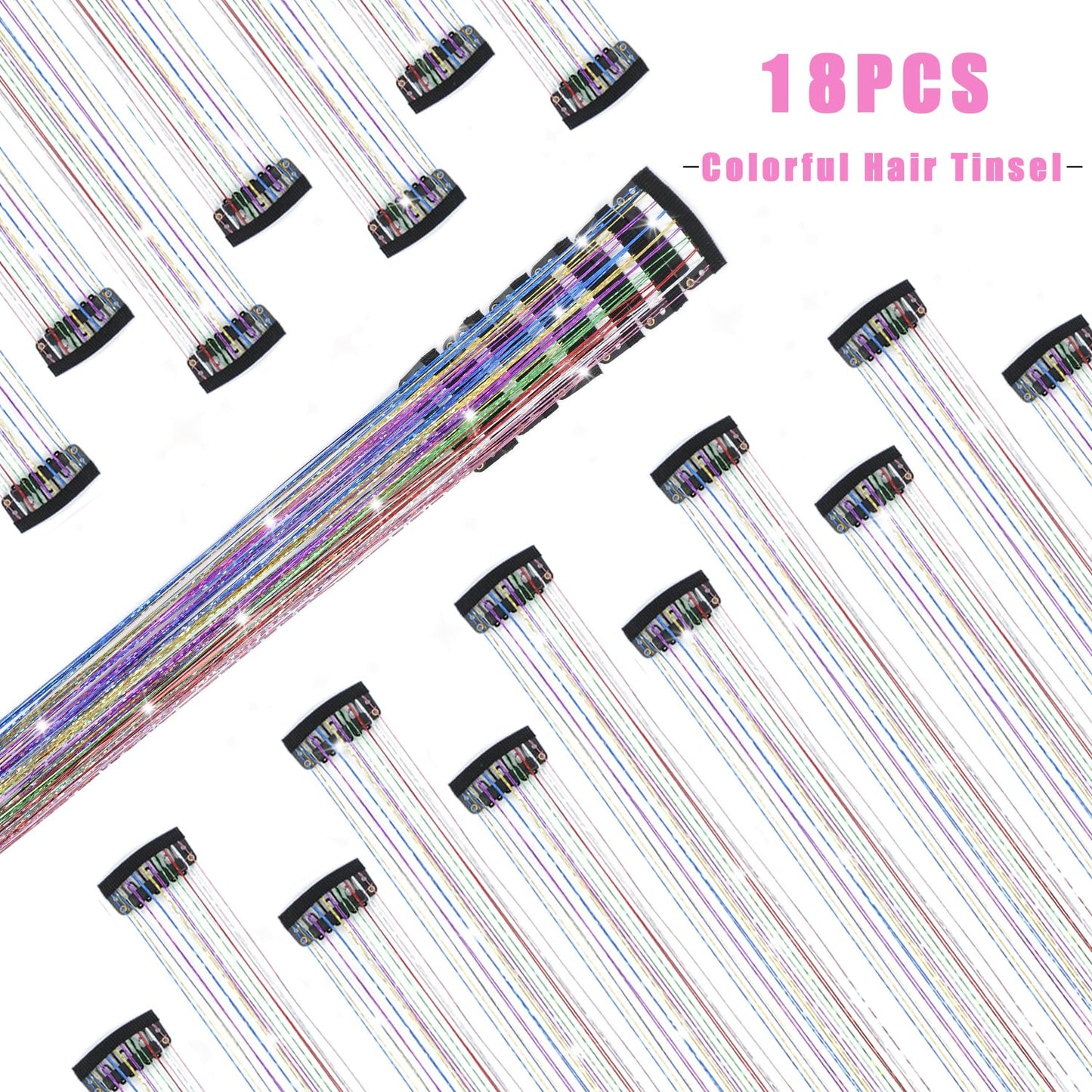 Caedrea Hair Tinsel Clip-In Extensions – 18 Pcs 20.5" Glitter Fairy Hair, Shiny Sparkling Party Highlights, Rainbow Glitter Strands for Girls & Women