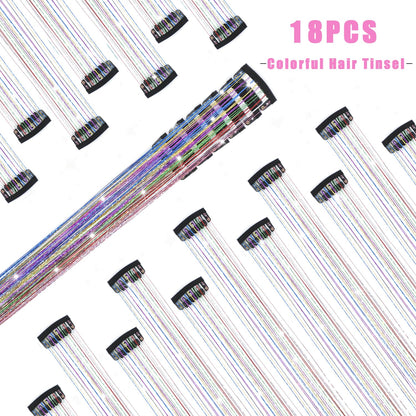 Caedrea Hair Tinsel Clip-In Extensions – 18 Pcs 20.5" Glitter Fairy Hair, Shiny Sparkling Party Highlights, Rainbow Glitter Strands for Girls & Women