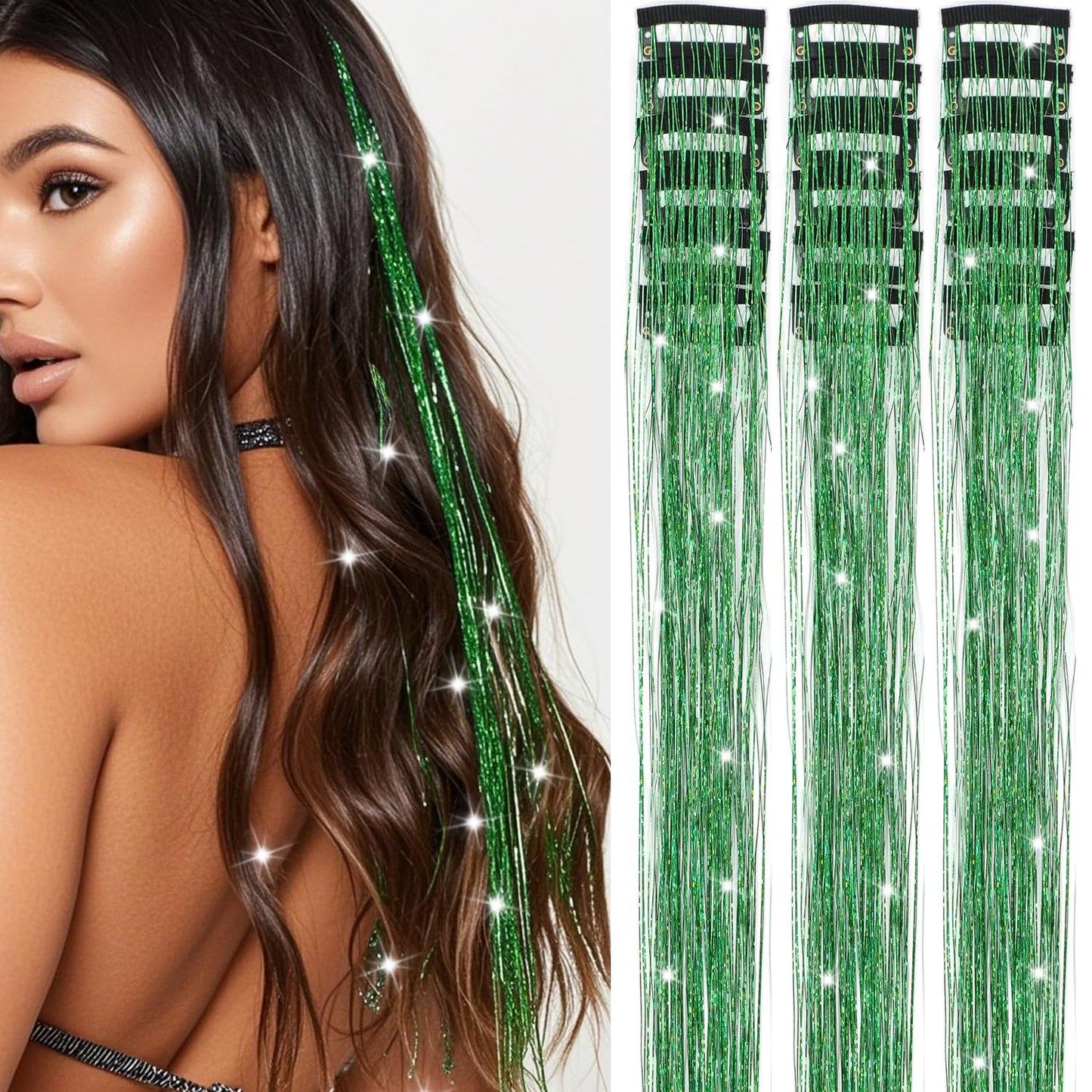 Caedrea Hair Tinsel Clip-In Extensions – 18 Pcs 20.5" Glitter Fairy Hair, Shiny Sparkling Party Highlights, Rainbow Glitter Strands for Girls & Women