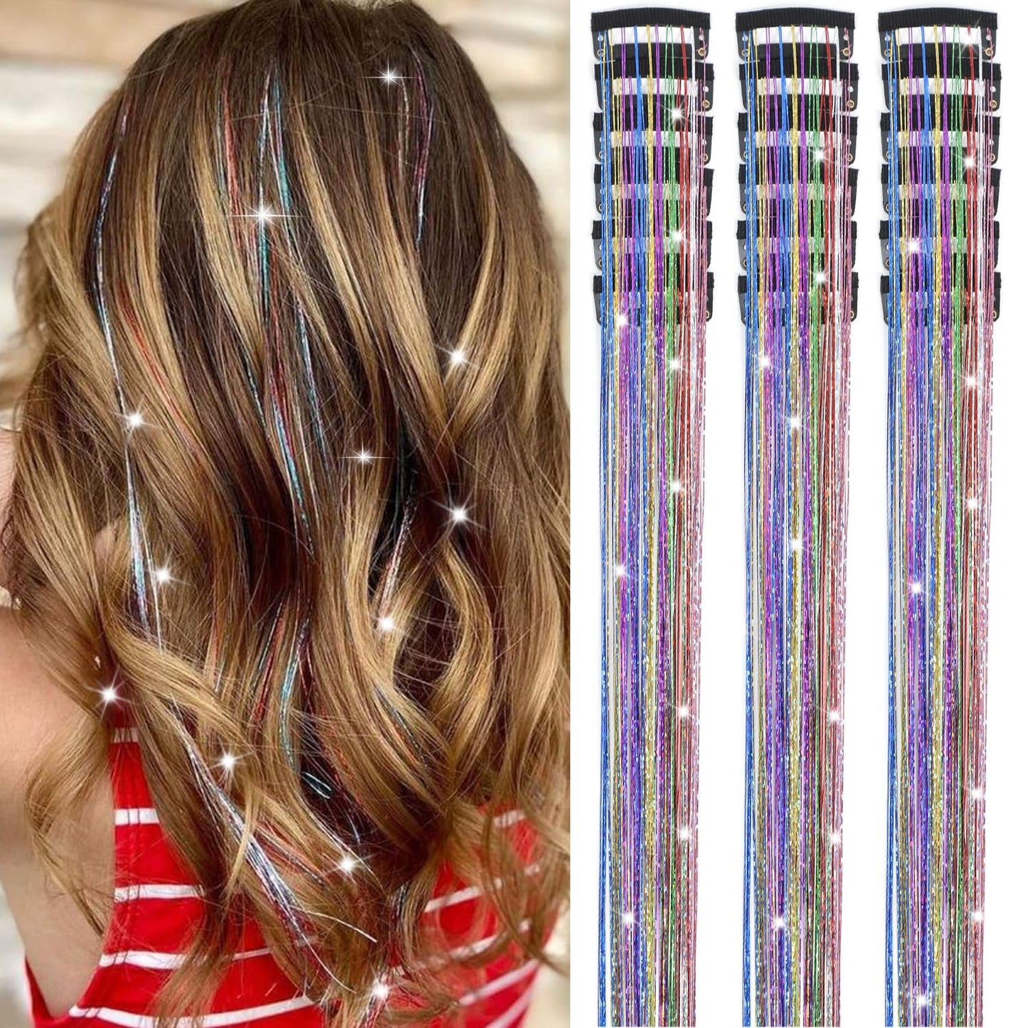 Caedrea Hair Tinsel Clip-In Extensions – 18 Pcs 20.5" Glitter Fairy Hair, Shiny Sparkling Party Highlights, Rainbow Glitter Strands for Girls & Women