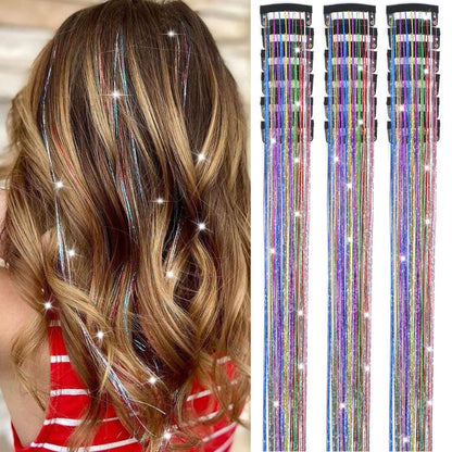 Caedrea Hair Tinsel Clip-In Extensions – 18 Pcs 20.5" Glitter Fairy Hair, Shiny Sparkling Party Highlights, Rainbow Glitter Strands for Girls & Women
