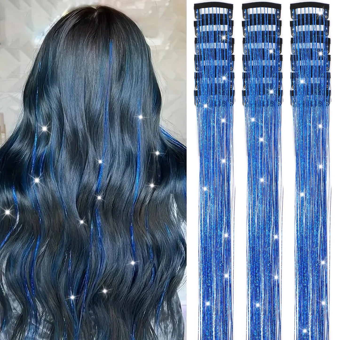 Caedrea Hair Tinsel Clip-In Extensions – 18 Pcs 20.5" Glitter Fairy Hair, Shiny Sparkling Party Highlights, Rainbow Glitter Strands for Girls & Women