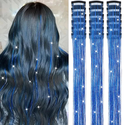 Caedrea Hair Tinsel Clip-In Extensions – 18 Pcs 20.5" Glitter Fairy Hair, Shiny Sparkling Party Highlights, Rainbow Glitter Strands for Girls & Women