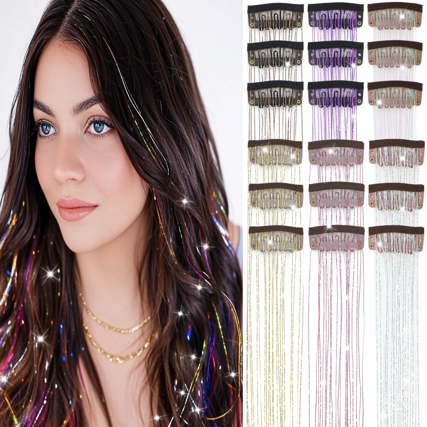 Caedrea Hair Tinsel Clip-In Extensions – 18 Pcs 20.5" Glitter Fairy Hair, Shiny Sparkling Party Highlights, Rainbow Glitter Strands for Girls & Women