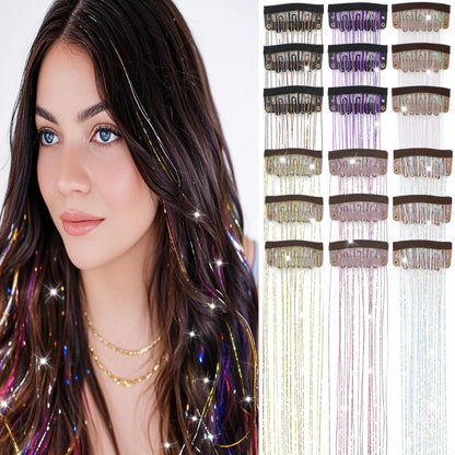 Caedrea Hair Tinsel Clip-In Extensions – 18 Pcs 20.5" Glitter Fairy Hair, Shiny Sparkling Party Highlights, Rainbow Glitter Strands for Girls & Women