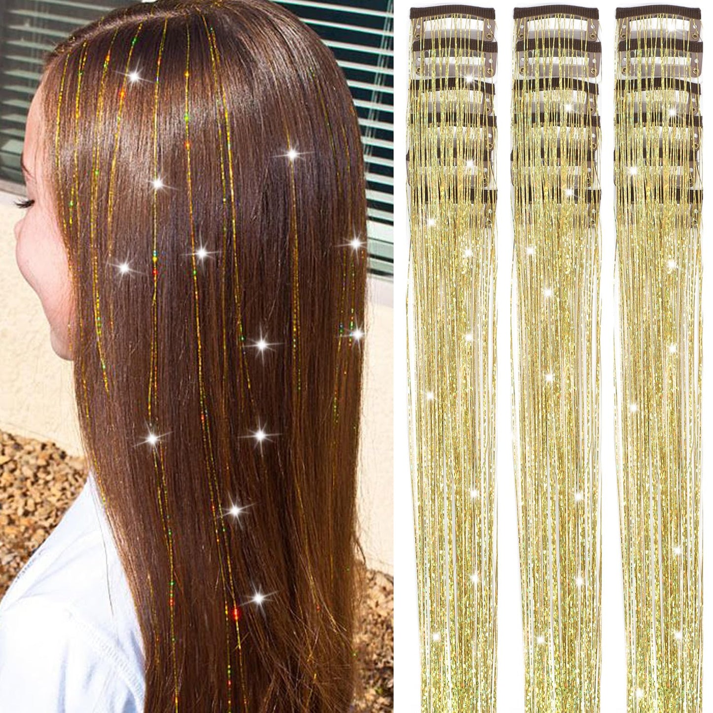 Caedrea Hair Tinsel Clip-In Extensions – 18 Pcs 20.5" Glitter Fairy Hair, Shiny Sparkling Party Highlights, Rainbow Glitter Strands for Girls & Women