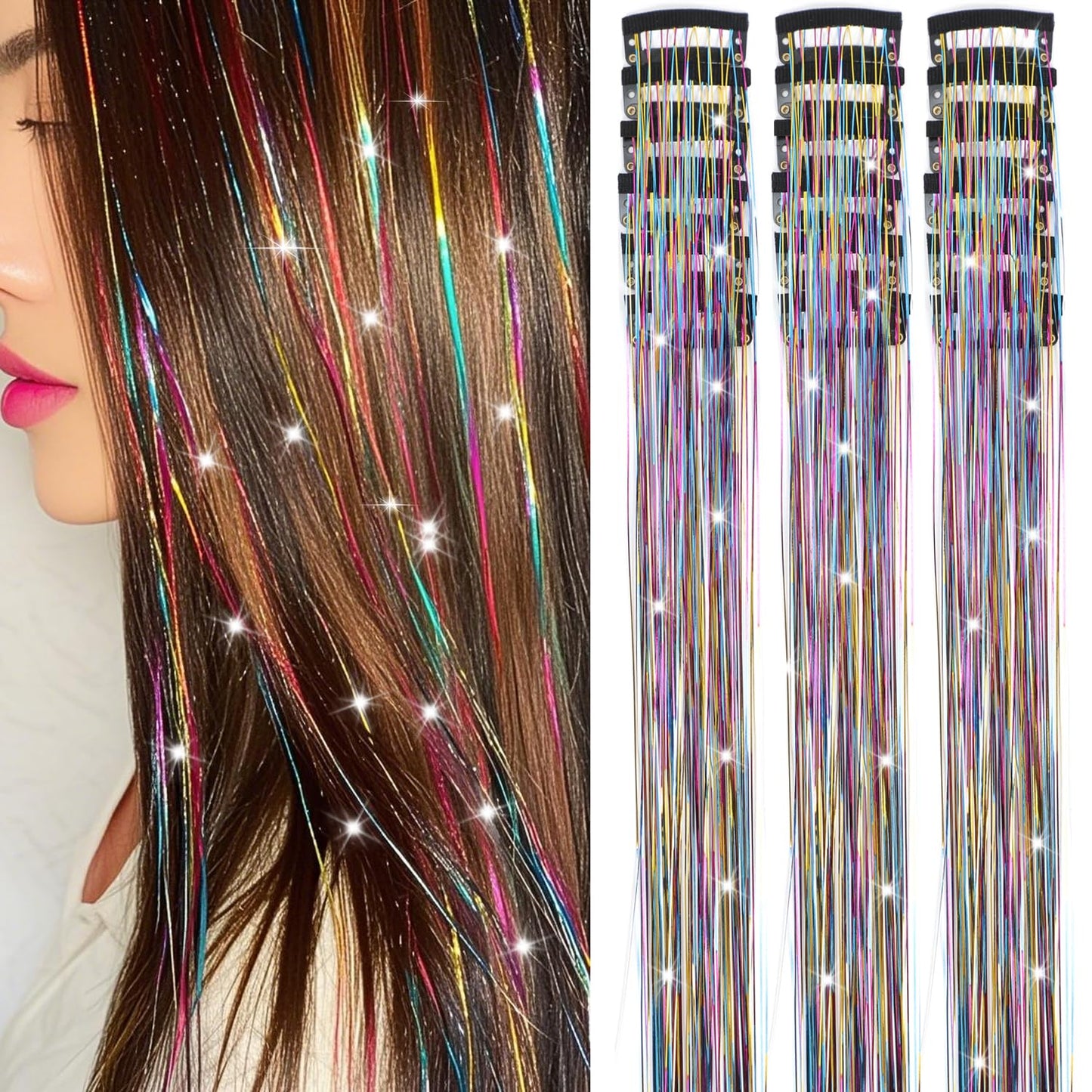 Caedrea Hair Tinsel Clip-In Extensions – 18 Pcs 20.5" Glitter Fairy Hair, Shiny Sparkling Party Highlights, Rainbow Glitter Strands for Girls & Women