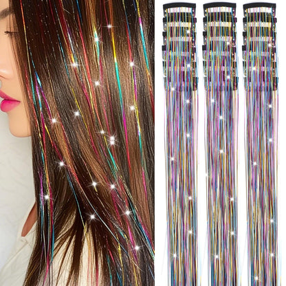 Caedrea Hair Tinsel Clip-In Extensions – 18 Pcs 20.5" Glitter Fairy Hair, Shiny Sparkling Party Highlights, Rainbow Glitter Strands for Girls & Women