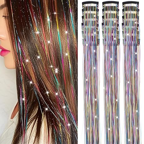 Caedrea Hair Tinsel Clip-In Extensions – 18 Pcs 20.5" Glitter Fairy Hair, Shiny Sparkling Party Highlights, Rainbow Glitter Strands for Girls & Women