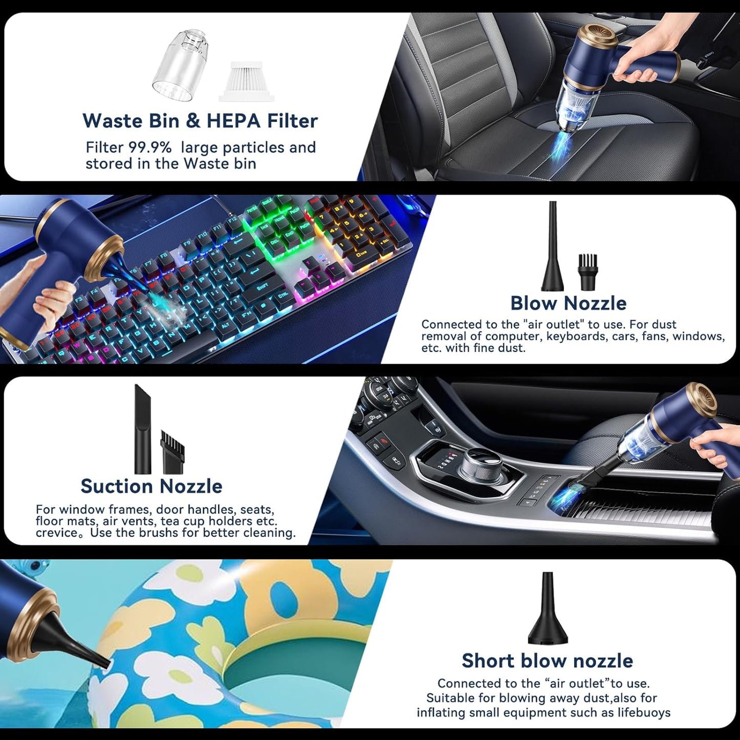Caedrea 2-in-1 Mini Car Vacuum Cleaner & Air Duster – Portable Cordless Handheld Cleaner with Multi Nozzles, Powerful Suction for Car, Home & Office