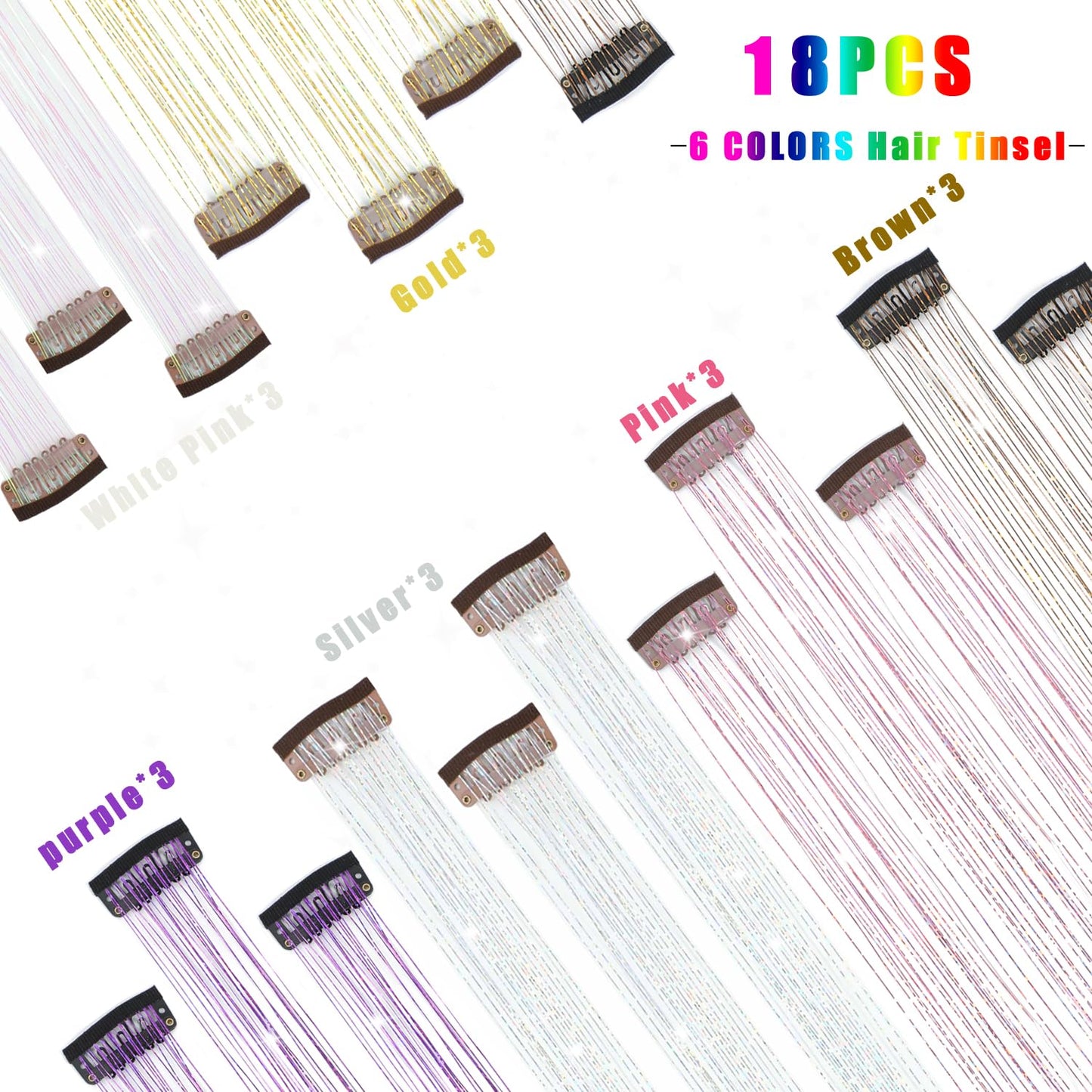 Caedrea Hair Tinsel Clip-In Extensions – 18 Pcs 20.5" Glitter Fairy Hair, Shiny Sparkling Party Highlights, Rainbow Glitter Strands for Girls & Women