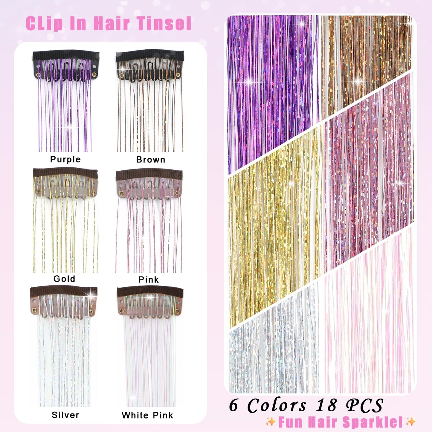 Caedrea Hair Tinsel Clip-In Extensions – 18 Pcs 20.5" Glitter Fairy Hair, Shiny Sparkling Party Highlights, Rainbow Glitter Strands for Girls & Women