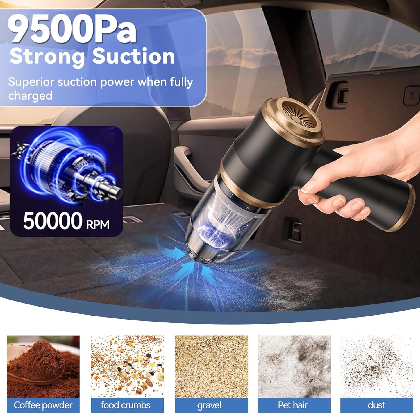 Caedrea 2-in-1 Mini Car Vacuum Cleaner & Air Duster – Portable Cordless Handheld Cleaner with Multi Nozzles, Powerful Suction for Car, Home & Office