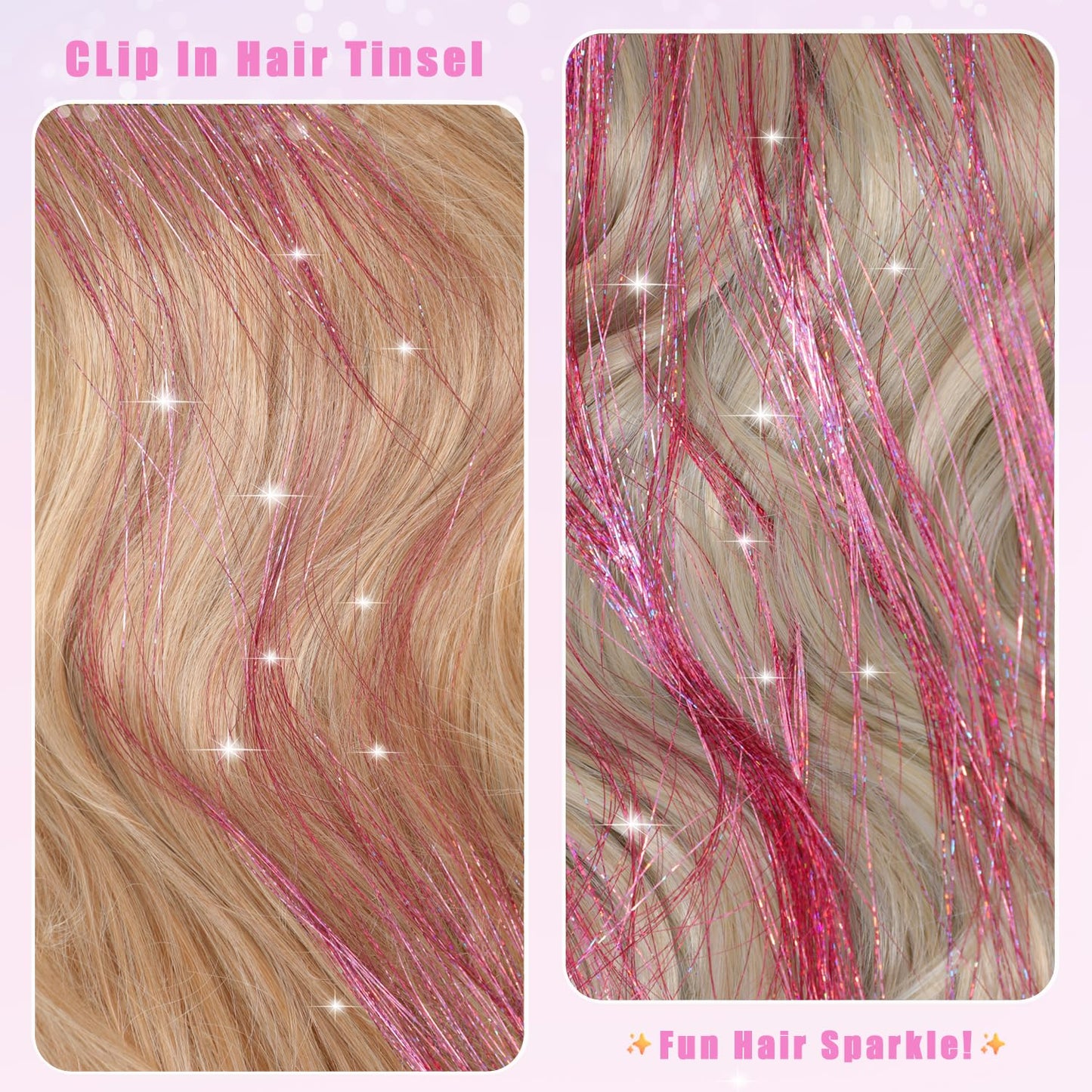 Caedrea Hair Tinsel Clip-In Extensions – 18 Pcs 20.5" Glitter Fairy Hair, Shiny Sparkling Party Highlights, Rainbow Glitter Strands for Girls & Women